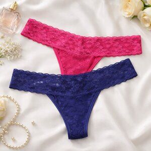 NEW Hanky Panky Low Rise Lace Thong Bundle 2 One Size Blue Pink